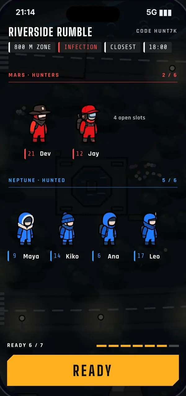 Lobby with the red and blue teams